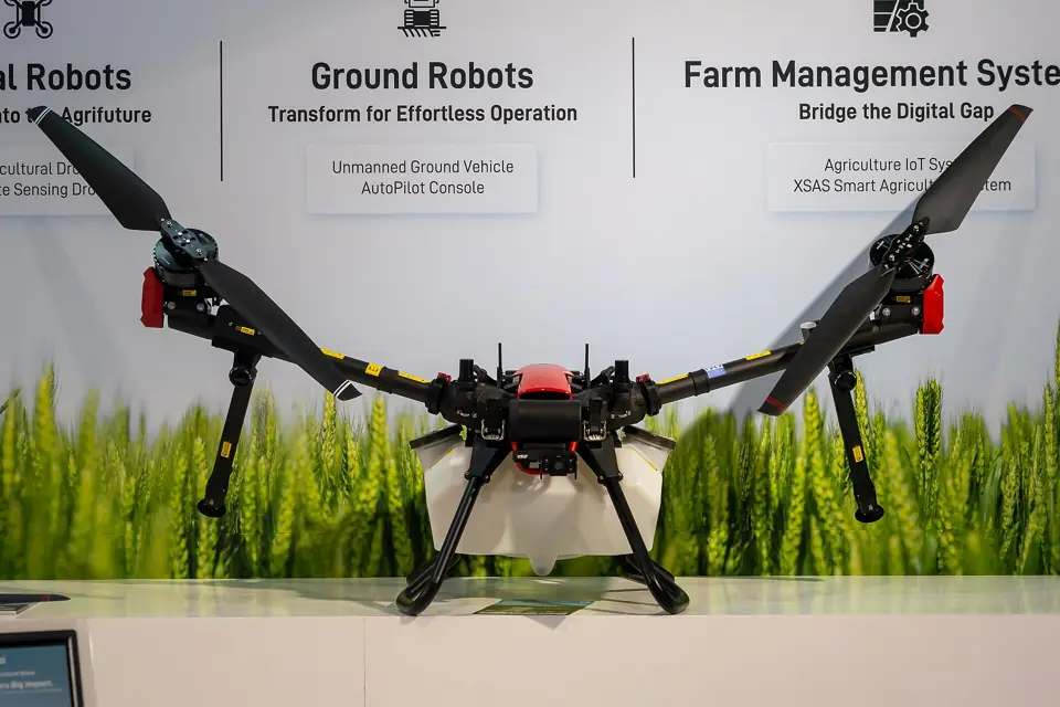 Photo shows an XAG twin rotor agricultural drone at Agritechnica 2023
